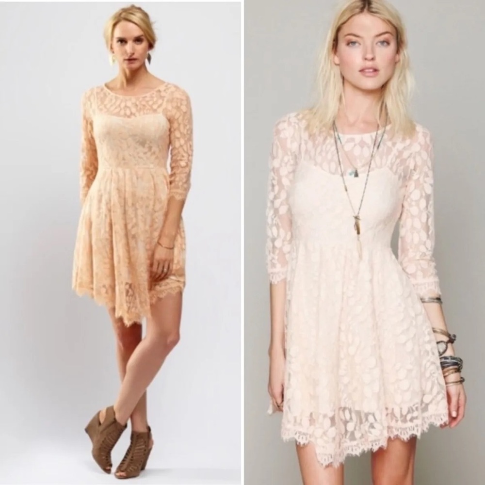 Free People Floral Mesh Lace Overlay 3/4 Sleeve Dress